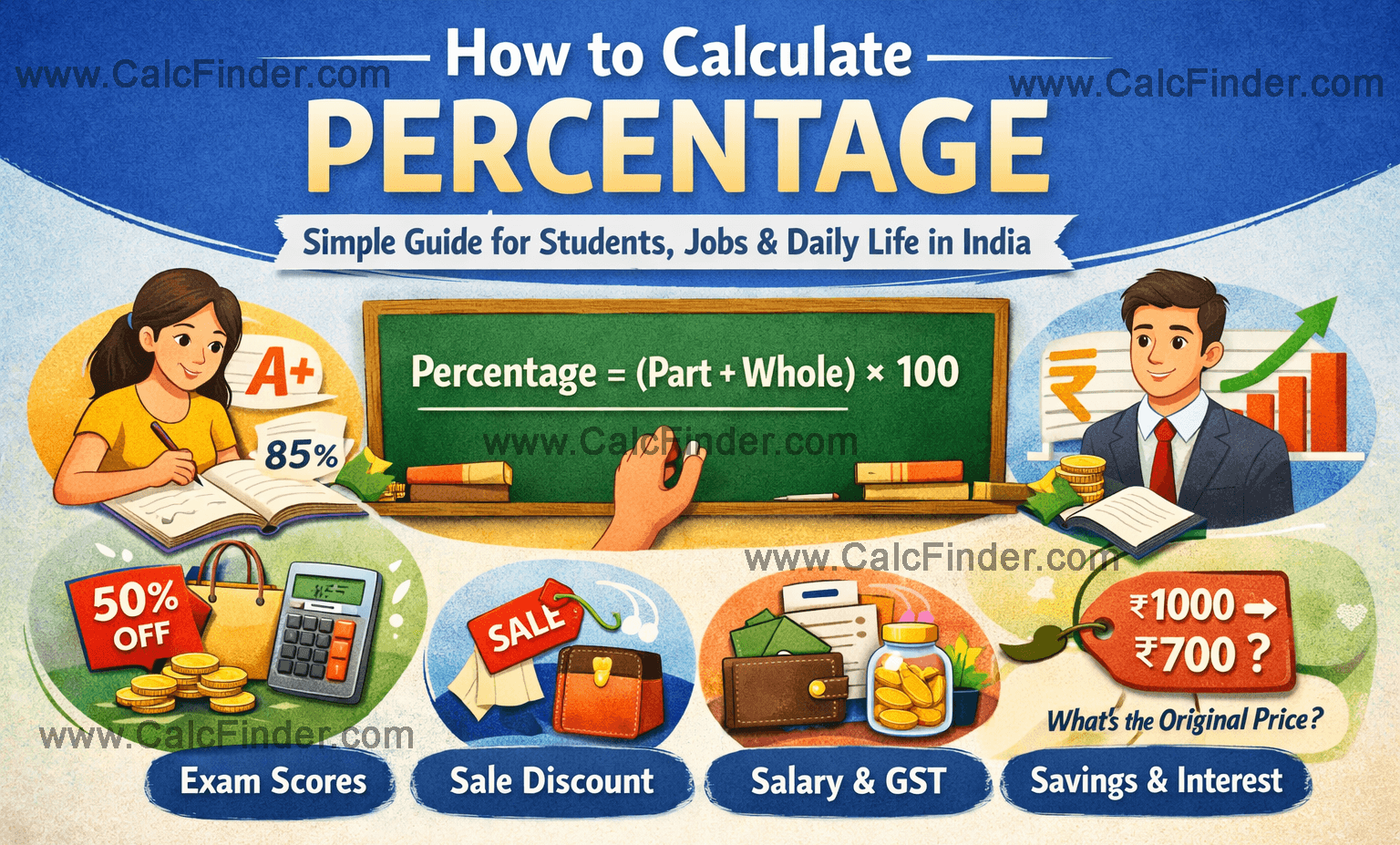 How to calculate percentage formula with Indian examples - exam marks, shopping discount, salary hike and GST calculation guide